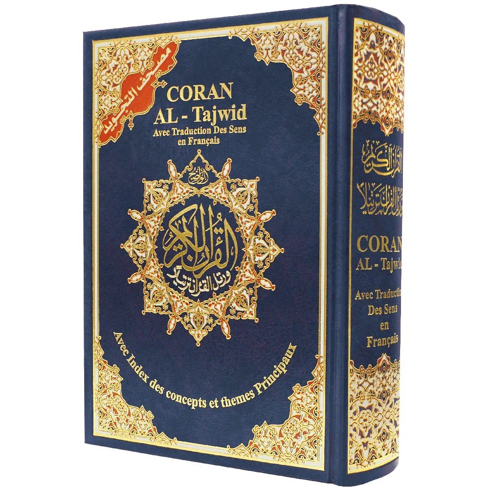 Coran Al-Tajwid avec traduction du sens en français et transcription phonétique – Édition Dar Almarifa – format 17×24 cm - Bleu marine