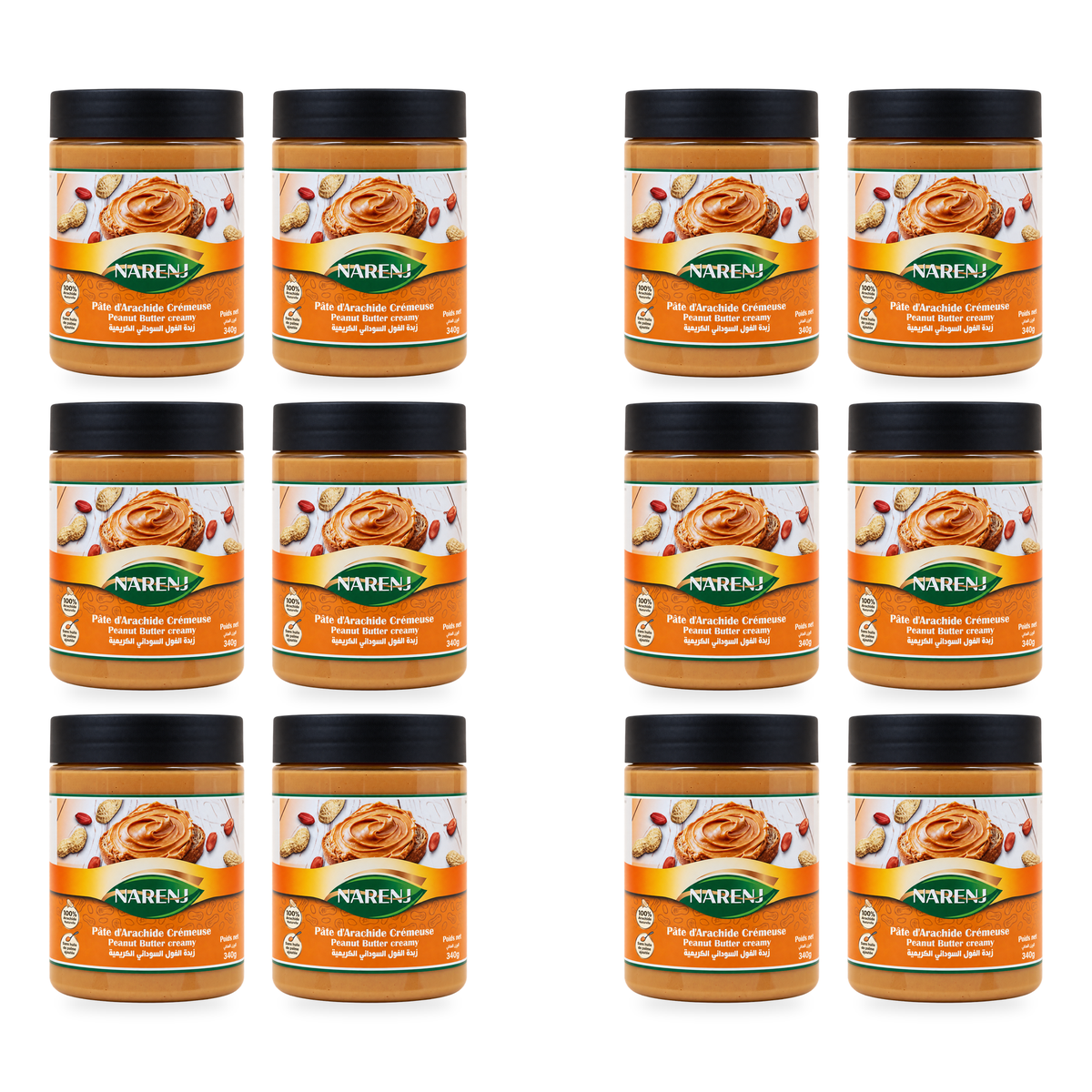 Pâte d’arachide crémeuse Narenj 340 g – vue de face, lot de 12 pots
