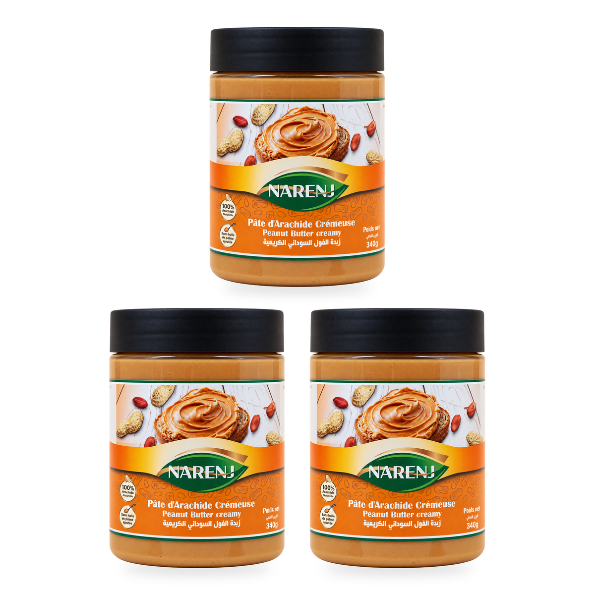 Pâte d’arachide crémeuse Narenj 340 g – vue de face, lot de 3 pots
