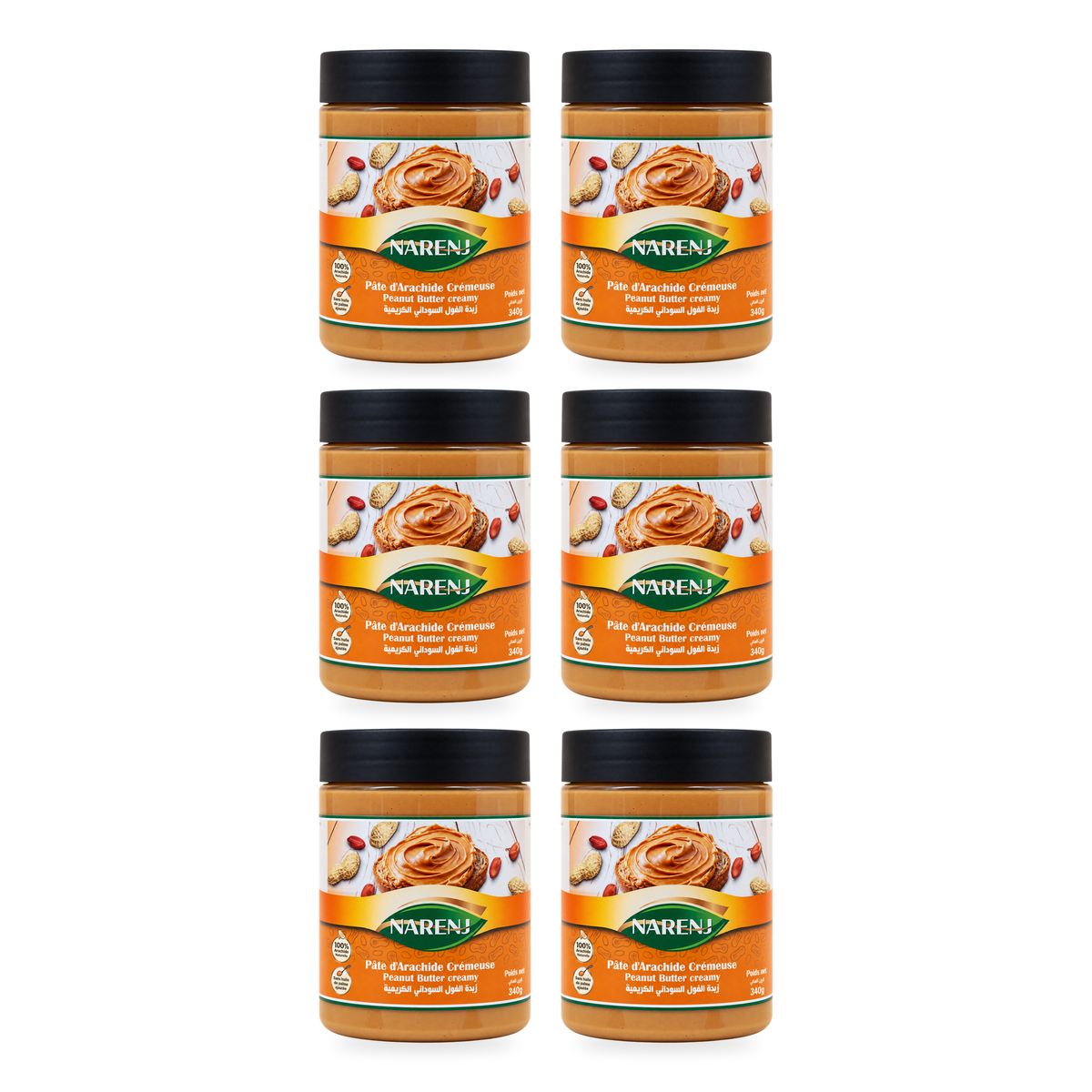 Pâte d’arachide crémeuse Narenj 340 g – vue de face, lot de 6 pots