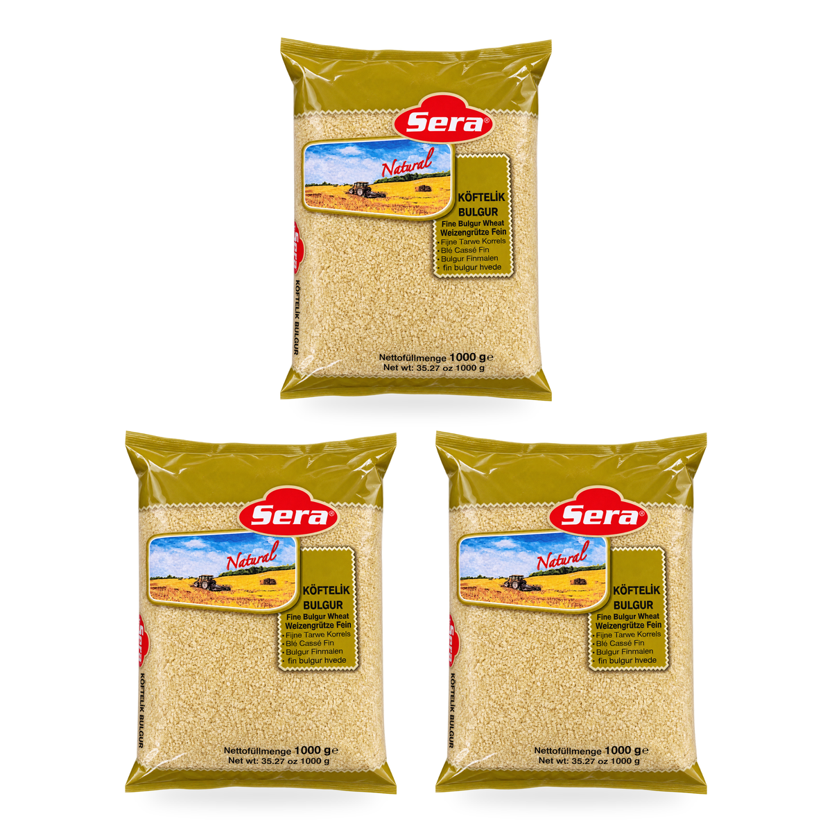 Boulgour à grains fins Sera 1 kg – lot de 3 sachets, fond blanc