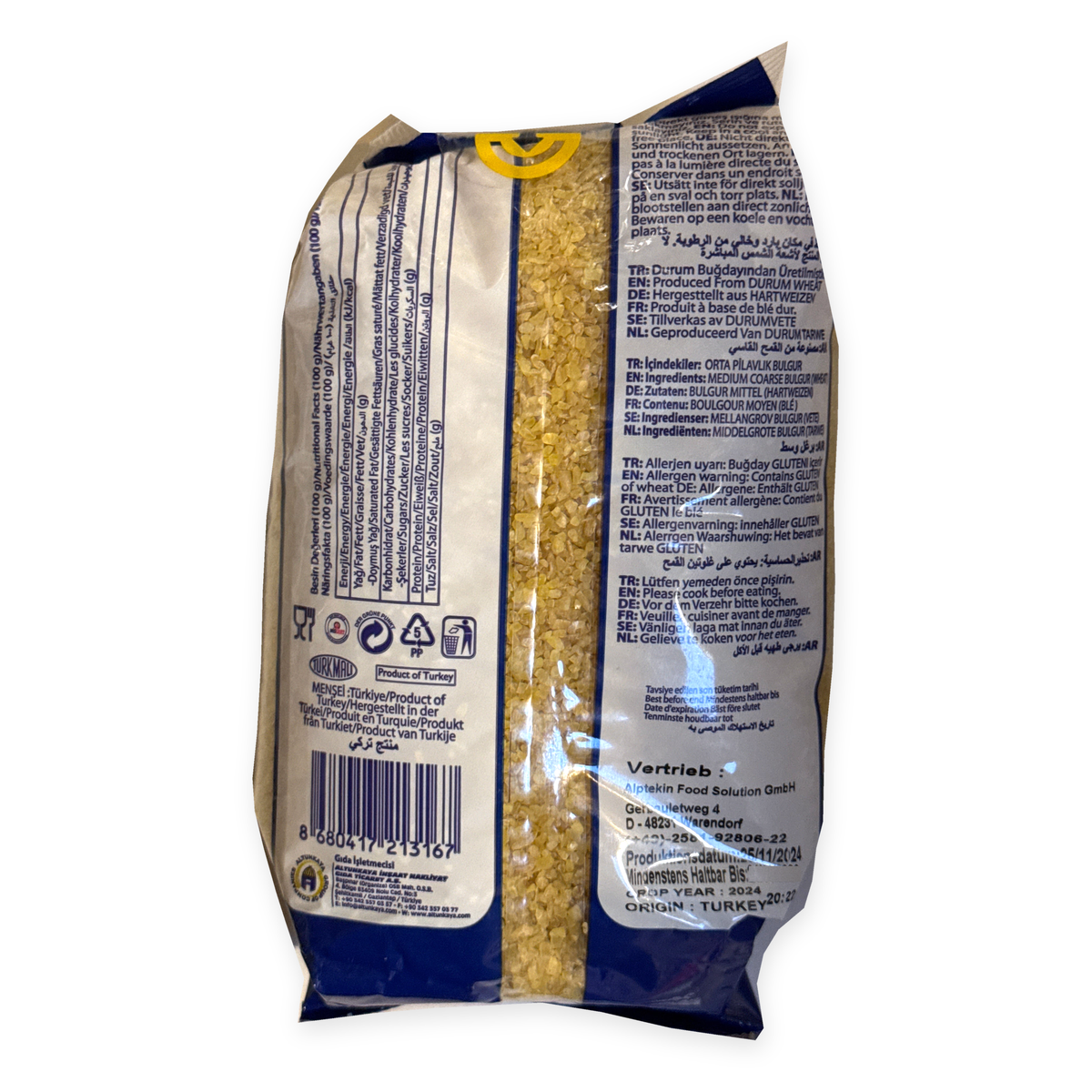 Boulgour à grains moyens Altunsa 900 g – dos du sachet, ingrédients, allergènes et conservation, fond blanc