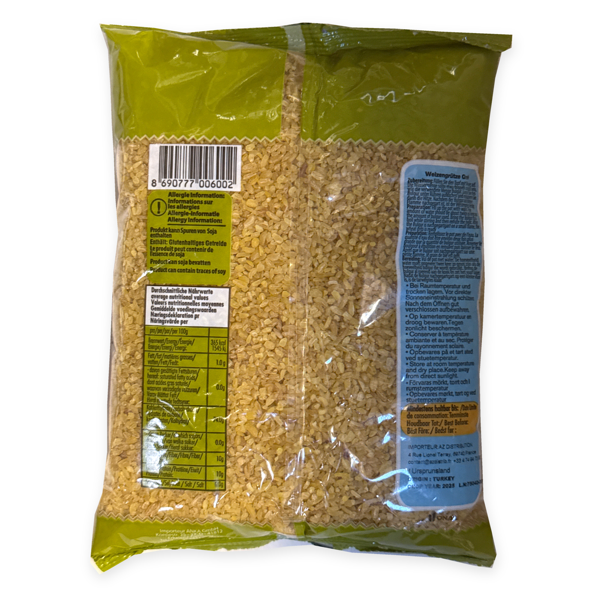 Boulgour à gros grains Sera 1 kg – dos du sachet, valeurs nutritionnelles, allergènes et préparation, fond blanc