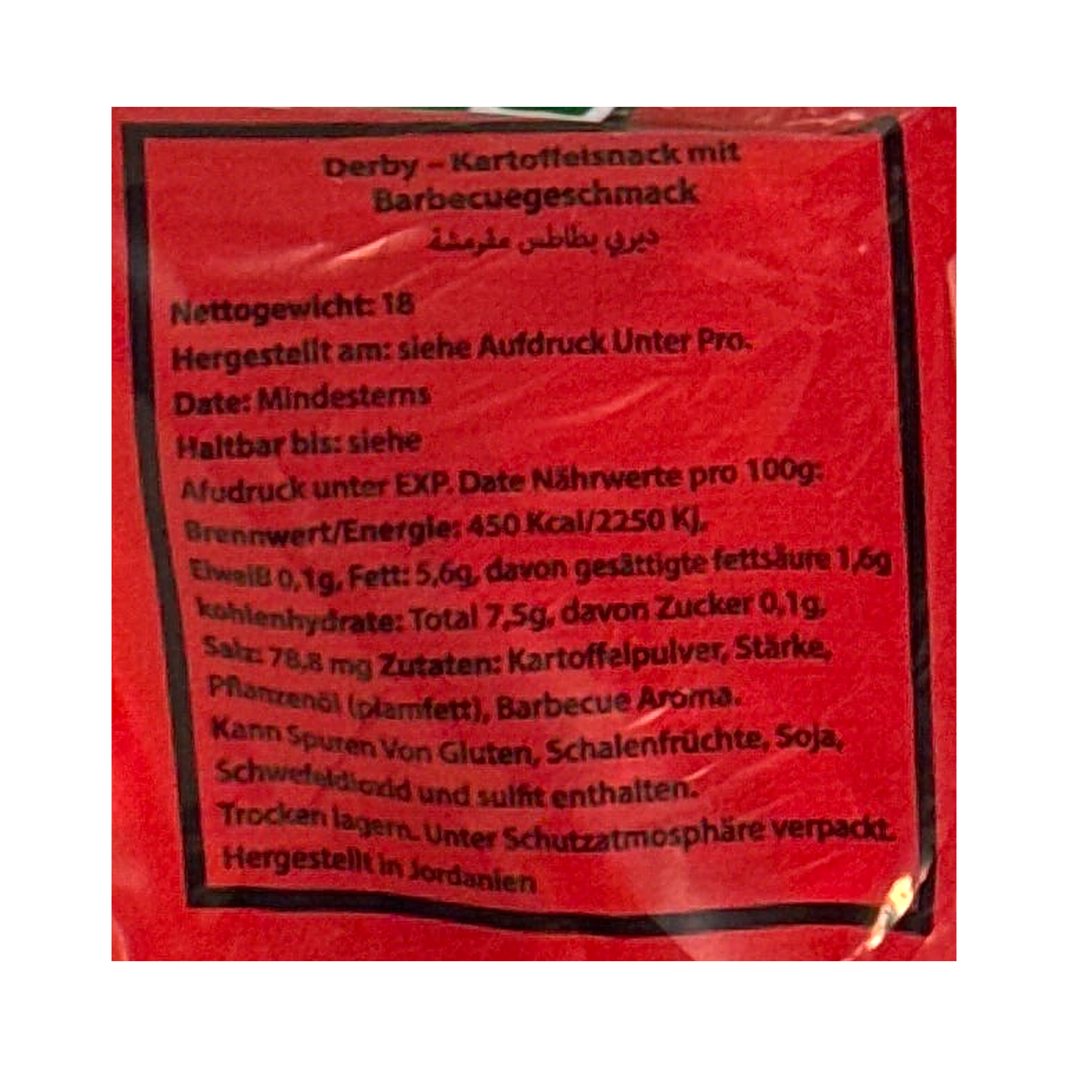 Chips Derby, sac de 18 sachets — informations imprimées sur l’emballage