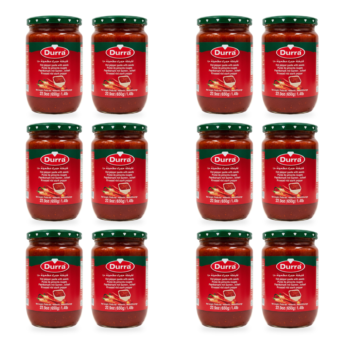 Pâte de piment fort avec graines Durra 650 g – lot de 12 bocaux