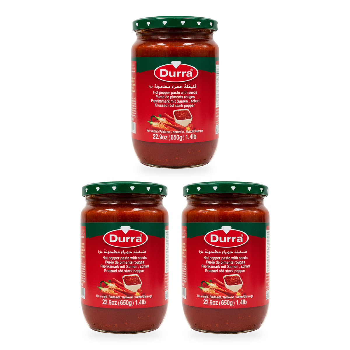 Pâte de piment fort avec graines Durra 650 g – lot de 3 bocaux