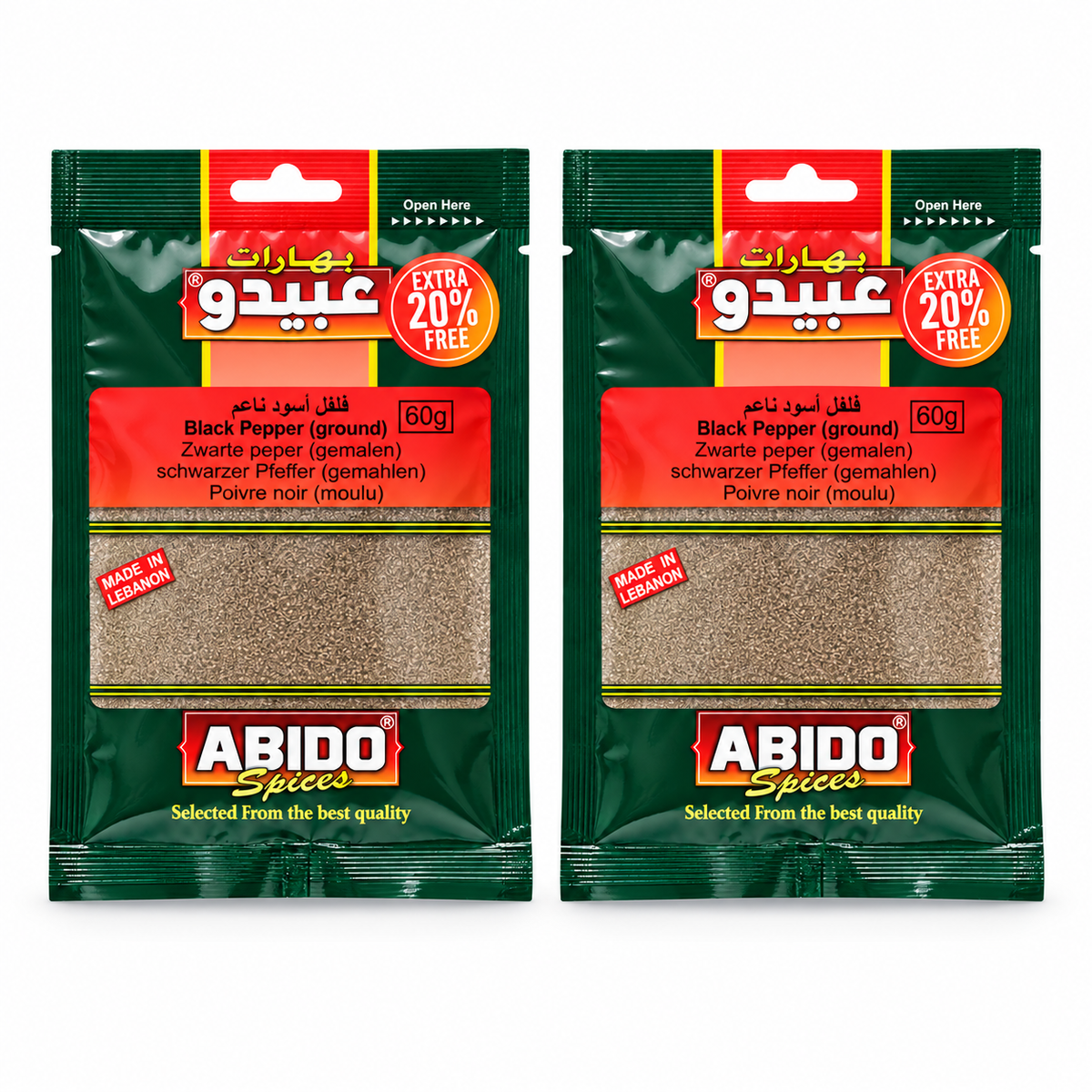 Poivre noir moulu Abido 60 g — 2 sachets