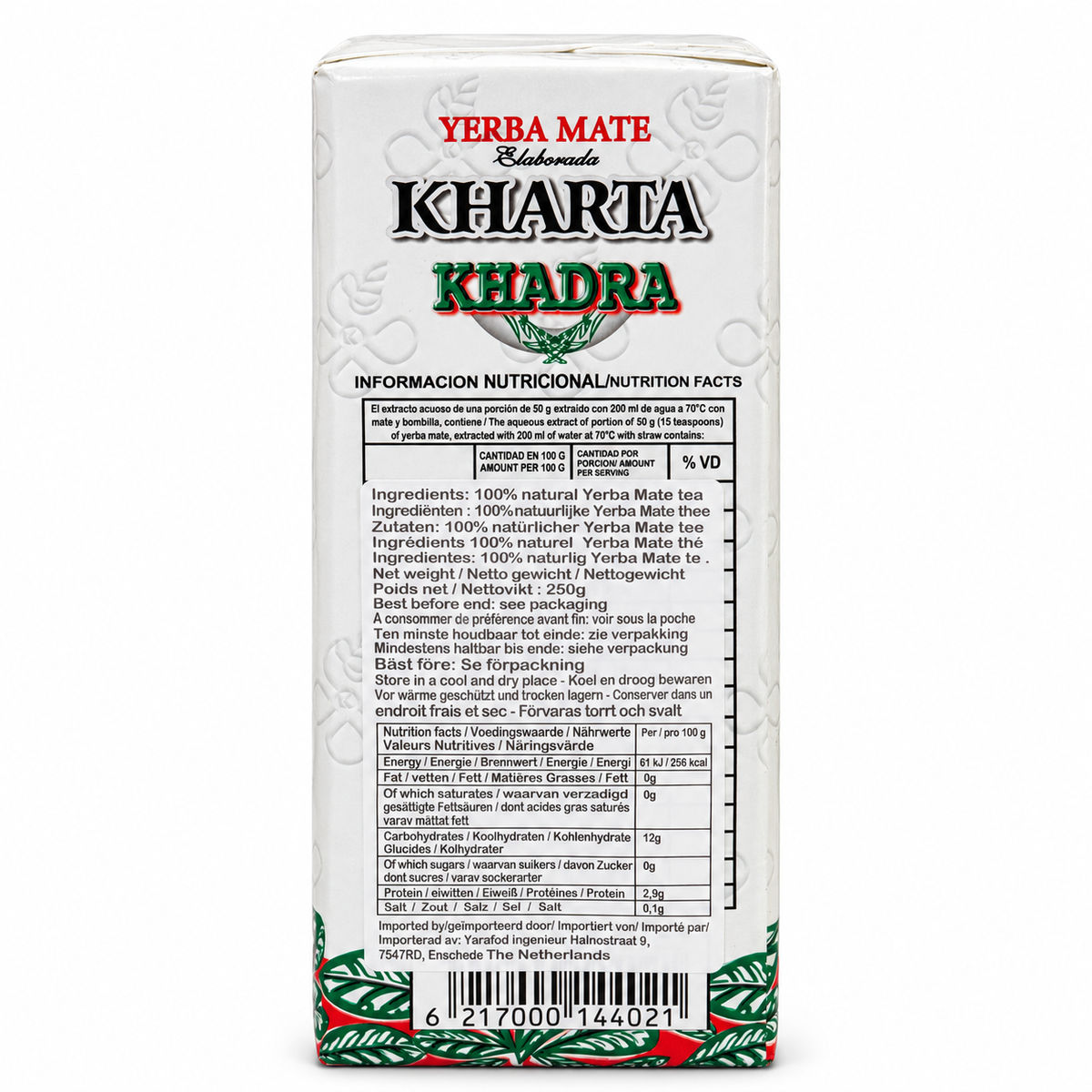 Yerba Maté Kharta Khadra 250 g – dos du paquet, ingrédients et informations nutritionnelles sur fond blanc