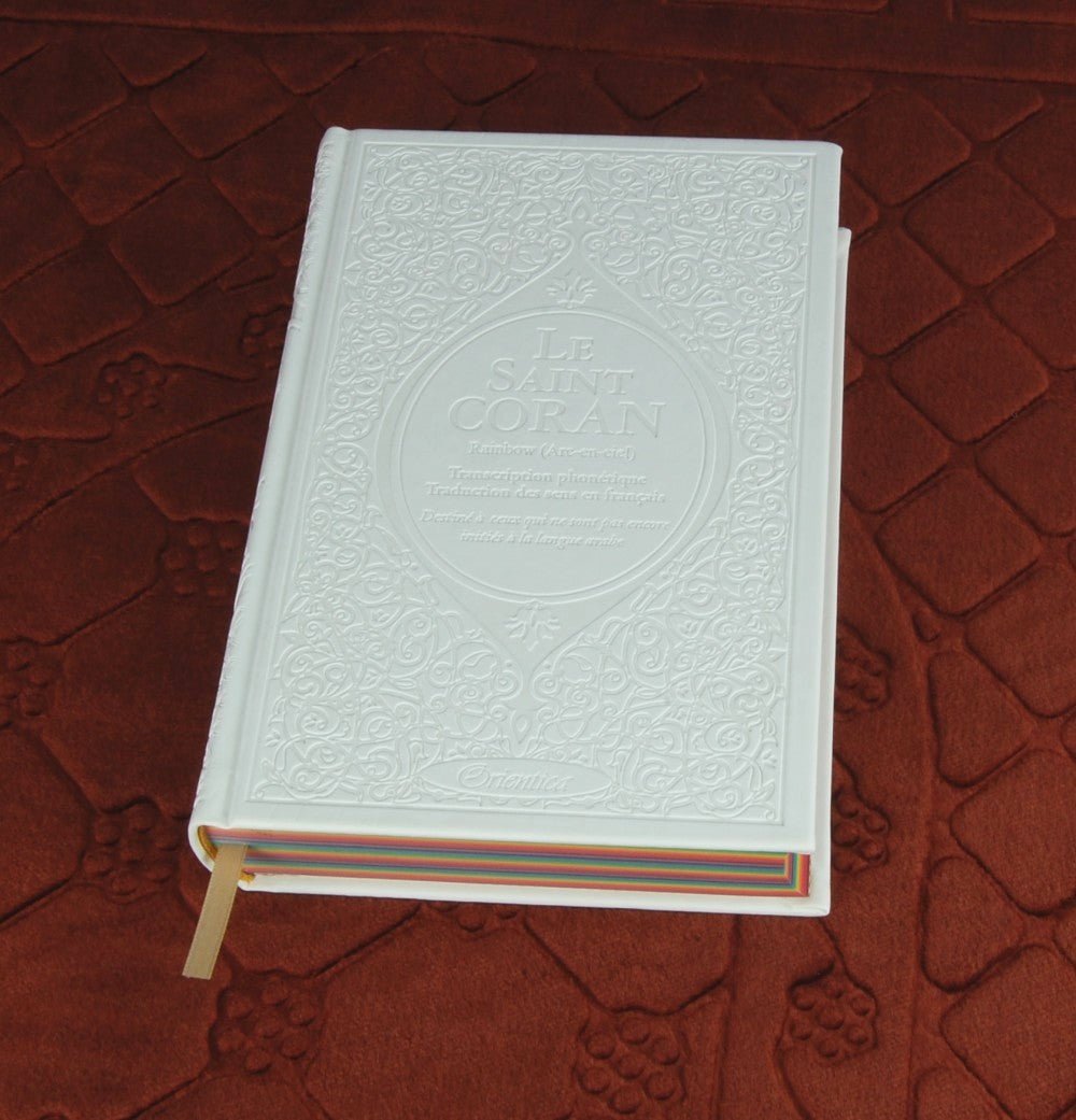 Le Saint Coran Rainbow (Arc-en-ciel) – Français / Arabe avec transcription phonétique – couverture cuir 15 * 22 cm - Blanc