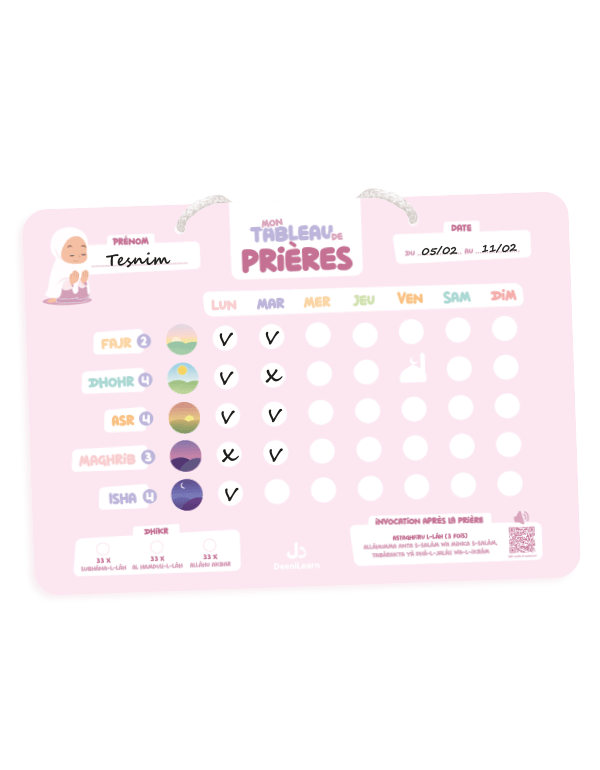 Mon tableau de prières Rose - Pour un suivi hebdomadaire de mes 5 prières | DEENILEARN - KokechliDeeniLearn